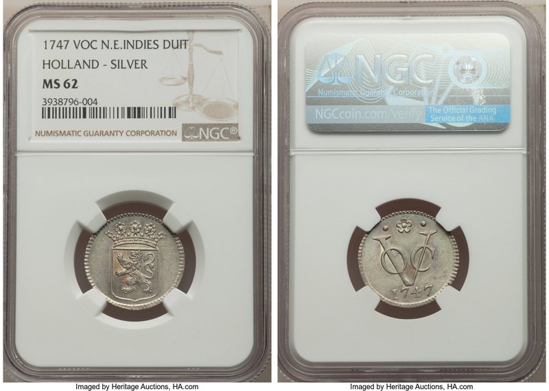 Dutch Colony. United East India Company silver Duit 1747 MS62 NGC, Scholten-126....