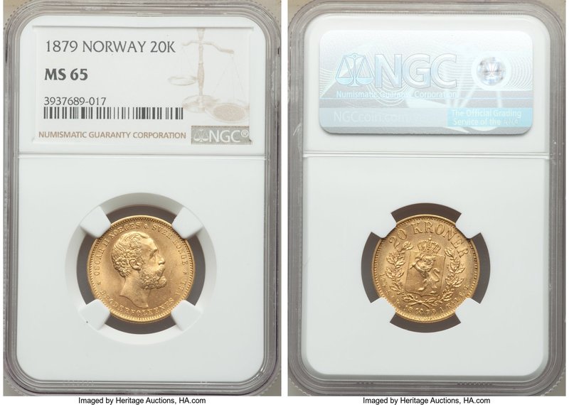 Oscar II gold 20 Kroner 1879 MS65 NGC, KM355. Satin surfaces with mint bloom. 

...