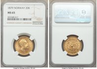 Oscar II gold 20 Kroner 1879 MS65 NGC, KM355. Satin surfaces with mint bloom. 

HID09801242017