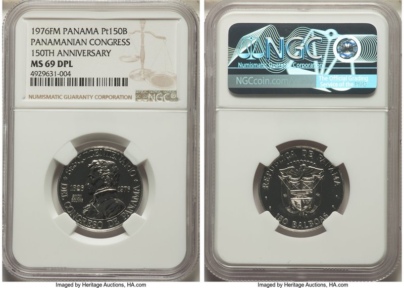 Republic platinum 150 Balboas 1976-FM MS69 Deep Mirrored Prooflike NGC, Franklin...