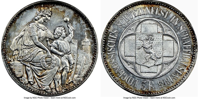 Confederation "Schaffhausen Shooting Festival" 5 Francs 1865 MS64 NGC, KM-XS8.

...