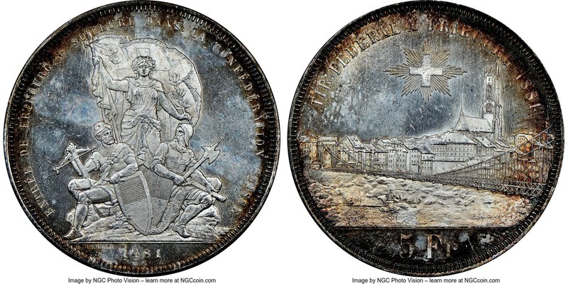 Confederation "Fribourg Shooting Festival" 5 Francs 1881 MS63 NGC, KM-XS15, HMZ-...