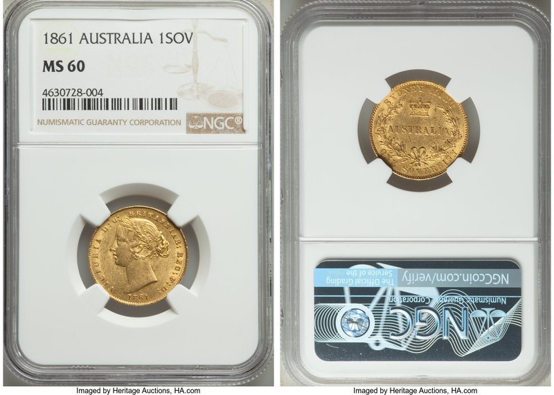 Victoria gold Sovereign 1861-SYDNEY MS60 NGC, Sydney mint, KM4. A charming Mint ...
