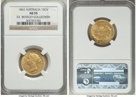 Victoria gold Sovereign 1862-SYDNEY AU55 NGC, Sydney mint, KM4. Beautifully toned with a few errant marks, the most obvious of which is just below Vic...