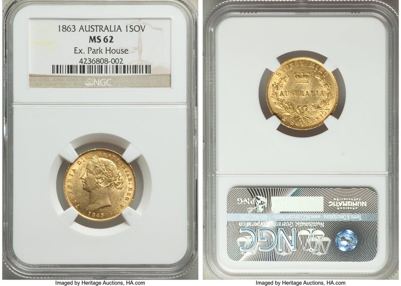 Victoria gold Sovereign 1863-SYDNEY MS62 NGC, Sydney mint, KM4. An exceptional r...