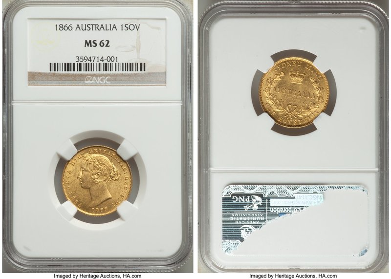 Victoria gold Sovereign 1866-SYDNEY MS62 NGC, Sydney mint, KM4. A very pleasing ...