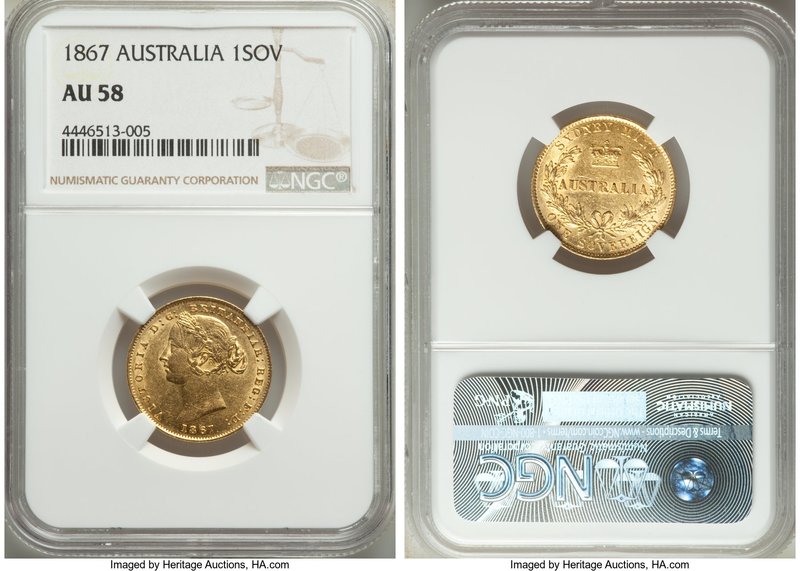Victoria gold Sovereign 1867-SYDNEY AU58 NGC, Sydney mint, KM4. Bordering on Min...