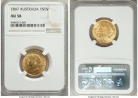 Victoria gold Sovereign 1867-SYDNEY AU58 NGC, Sydney mint, KM4. Bordering on Mint State, bold devices shrouded with misty luster. AGW 0.2354 oz.

HID0...
