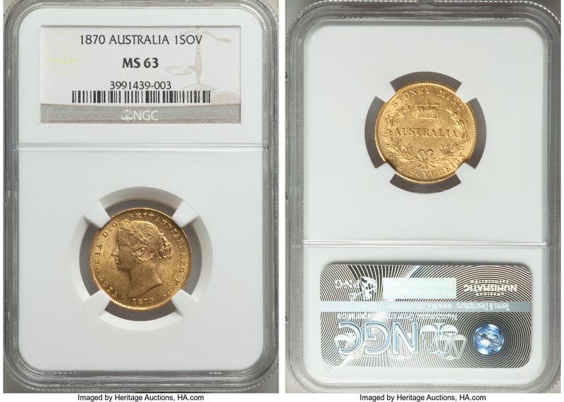 Victoria gold Sovereign 1870-SYDNEY MS63 NGC, Sydney mint, KM4. The final date o...