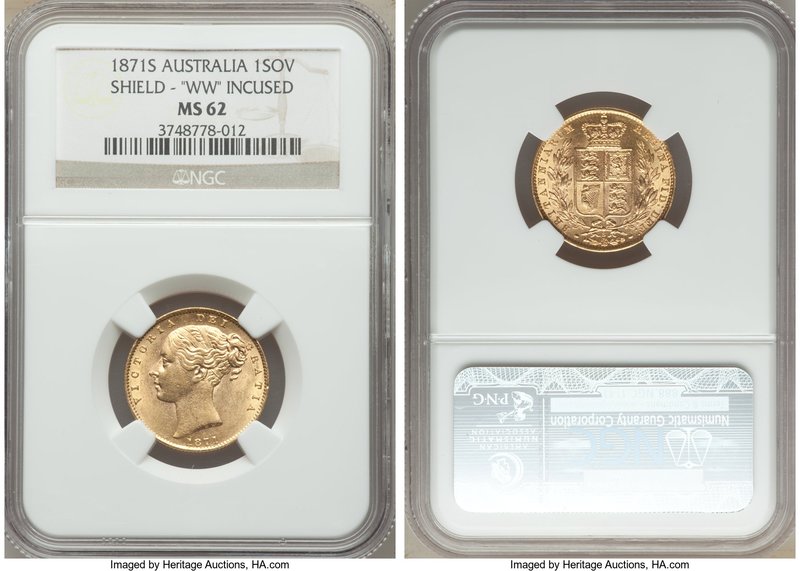 Victoria gold "Shield" Sovereign 1871-S MS62 NGC, Sydney mint, KM6, S-3858A. Inc...