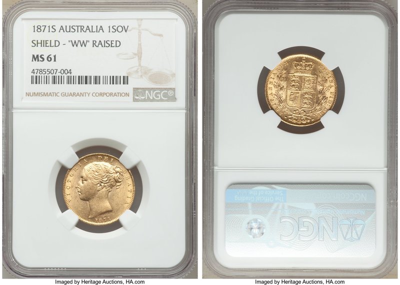 Victoria gold "Shield" Sovereign 1871-S MS61 NGC, Sydney mint, KM6, S-3858A. Rai...