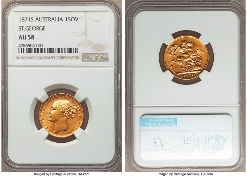 Victoria gold "St. George" Sovereign 1871-S AU58 NGC, Sydney mint, KM7, S-3858A....