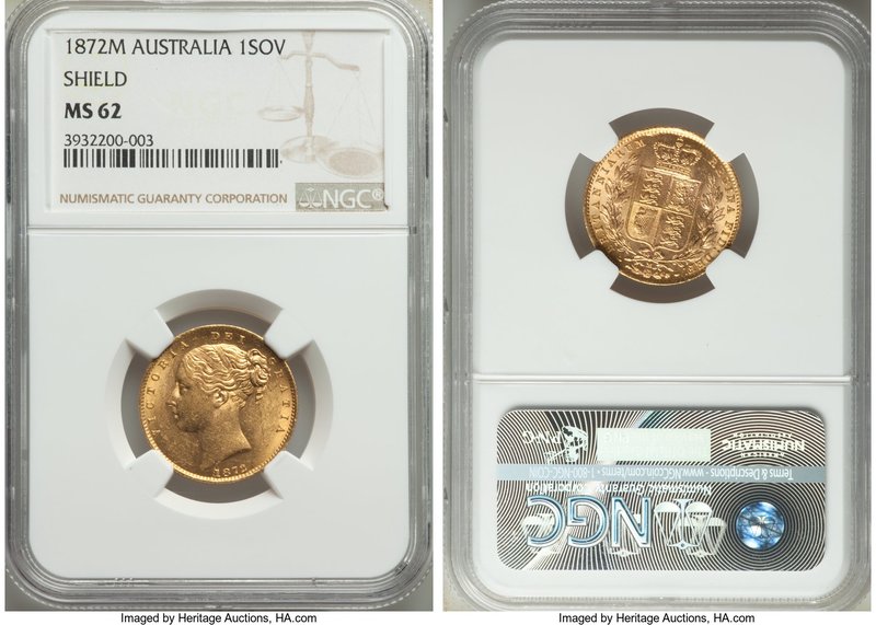 Victoria gold "Shield" Sovereign 1872-M MS62 NGC, Melbourne mint, KM6. Near-choi...