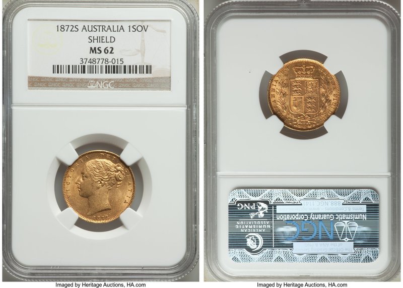 Victoria gold "Shield" Sovereign 1872-S MS62 NGC, Sydney mint, KM6. The highest ...