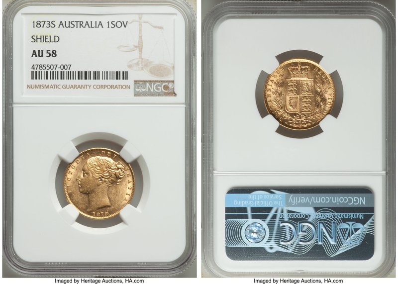 Victoria gold "Shield" Sovereign 1873-S AU58 NGC, Sydney mint, KM6. Slight rub t...