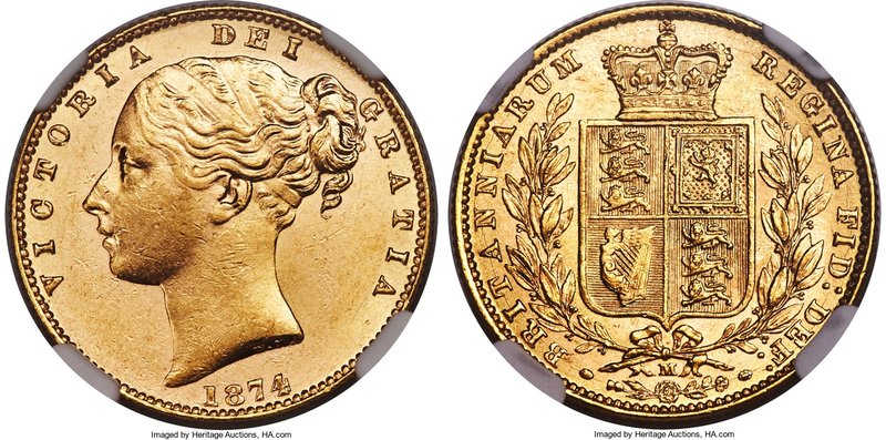 Victoria gold "Shield" Sovereign 1874-M MS63 NGC, Melbourne mint, KM6. Tied for ...
