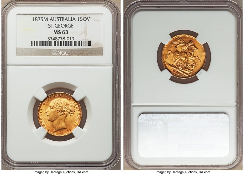 Victoria gold "St. George" Sovereign 1875-M MS63 NGC, Melbourne mint, KM7. Some ...