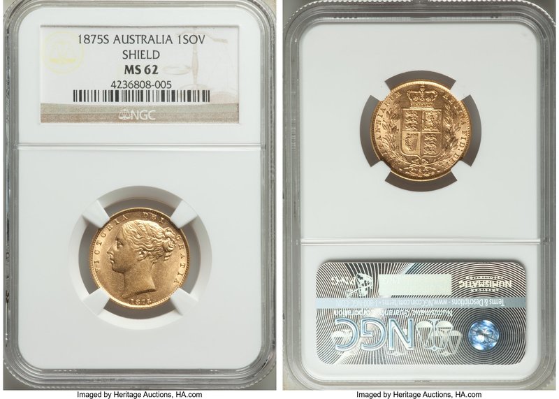 Victoria gold "Shield" Sovereign 1875-S MS62 NGC, Sydney mint, KM6. Immediately ...