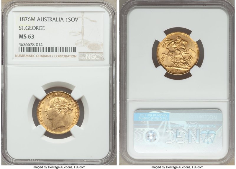 Victoria gold "St. George" Sovereign 1876-M MS63 NGC, Melbourne mint, KM7. A ple...