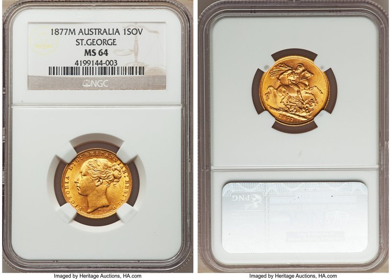 Victoria gold "St. George" Sovereign 1877-M MS64 NGC, Melbourne mint, KM7. Tied ...