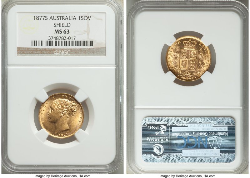 Victoria gold Sovereign "Shield" 1877-S MS63 NGC, Sydney mint, KM6. Die cracks t...