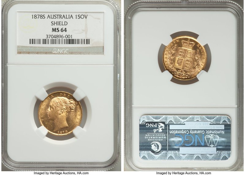 Victoria gold "Shield" Sovereign 1878-S MS64 NGC, Sydney mint, KM6. Very fresh s...