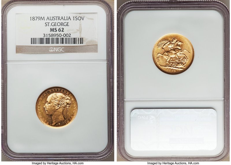 Victoria gold "St. George" Sovereign 1879-M MS62 NGC, Melbourne mint, KM7. Aglow...