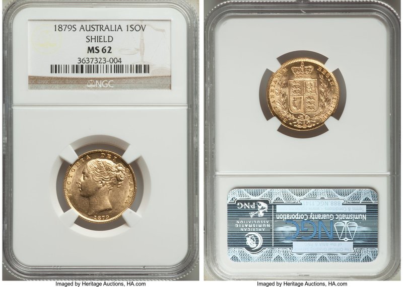 Victoria gold "Shield" Sovereign 1879-S MS62 NGC, Sydney mint, KM6. Crackling wi...