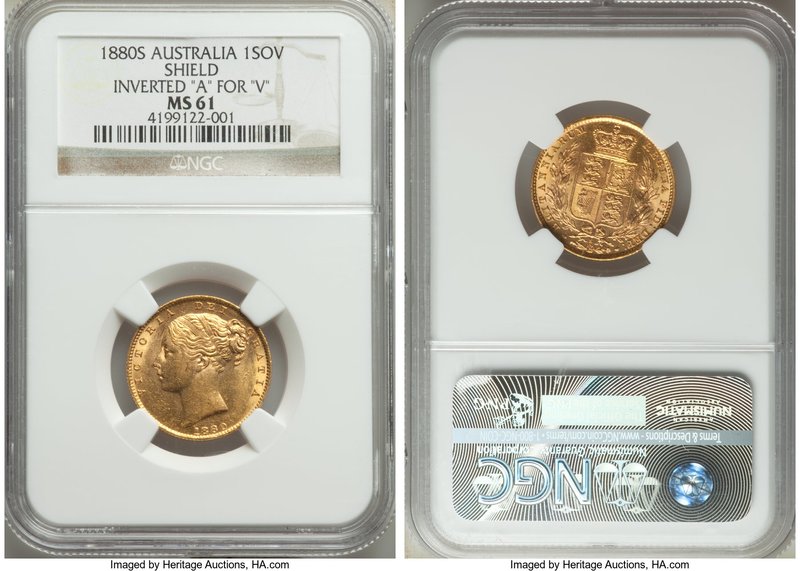 Victoria gold "Shield" Sovereign 1880-S MS61 NGC, Sydney mint, KM6, S-3855. Inve...
