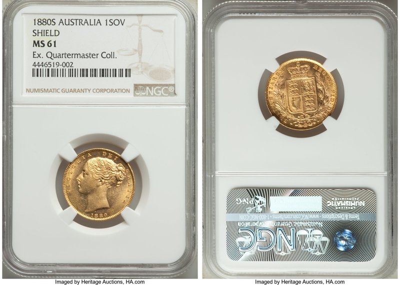 Victoria gold "Shield" Sovereign 1880-S MS61 NGC, Sydney mint, KM6. Lustrous and...