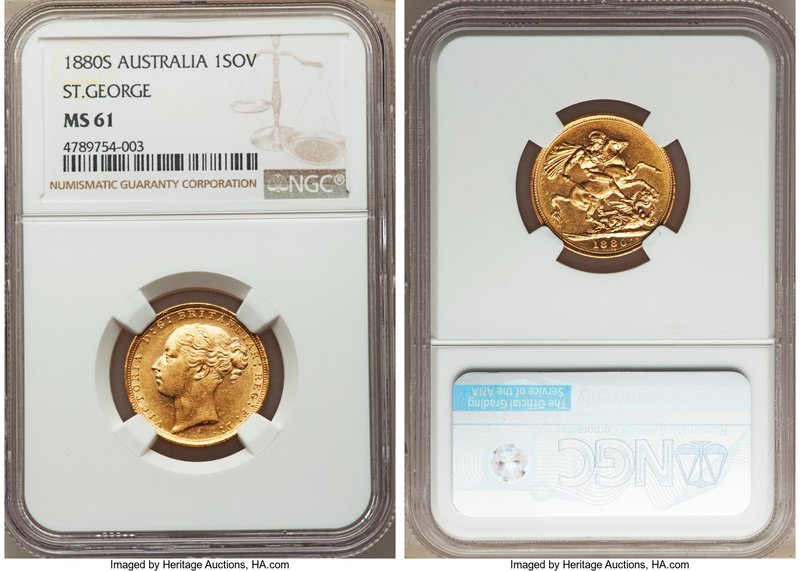 Victoria gold "St. George" Sovereign 1880-S MS61 NGC, Sydney mint, KM7. Very str...