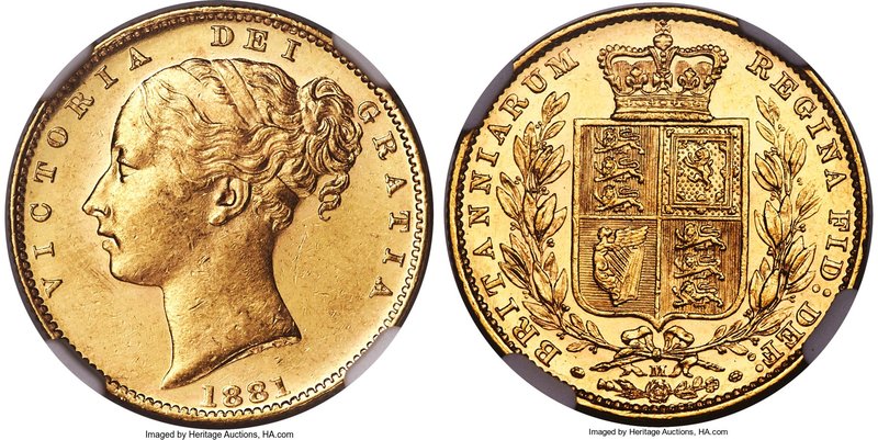 Victoria gold "Shield" Sovereign 1881-M MS63 NGC, Melbourne mint, KM6, S-3854A. ...
