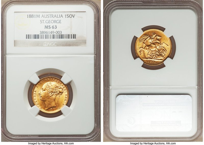 Victoria gold "St. George" Sovereign 1881-M MS63 NGC, Melbourne mint, KM7. Highl...