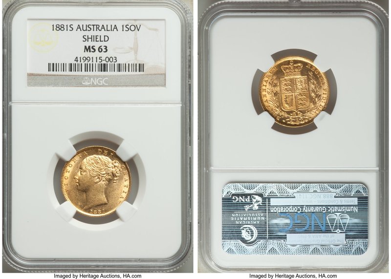 Victoria gold "Shield" Sovereign 1881-S MS63 NGC, Sydney mint, KM6. Truly choice...