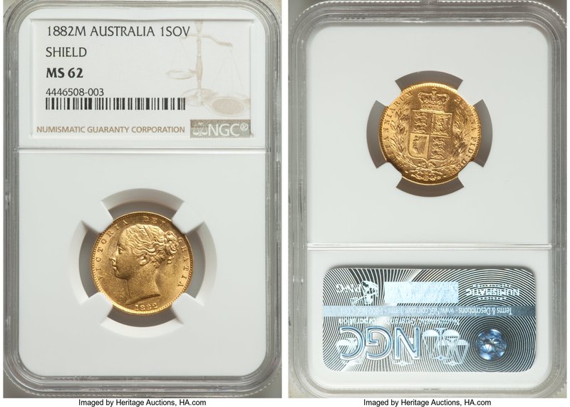 Victoria gold "Shield" Sovereign 1882-M MS62 NGC, Melbourne mint, KM6. A sharp a...