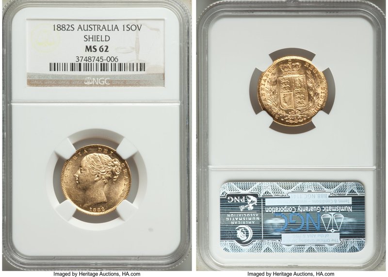 Victoria gold "Shield" Sovereign 1882-S MS62 NGC, Sydney mint, KM6. Dazzling, gl...