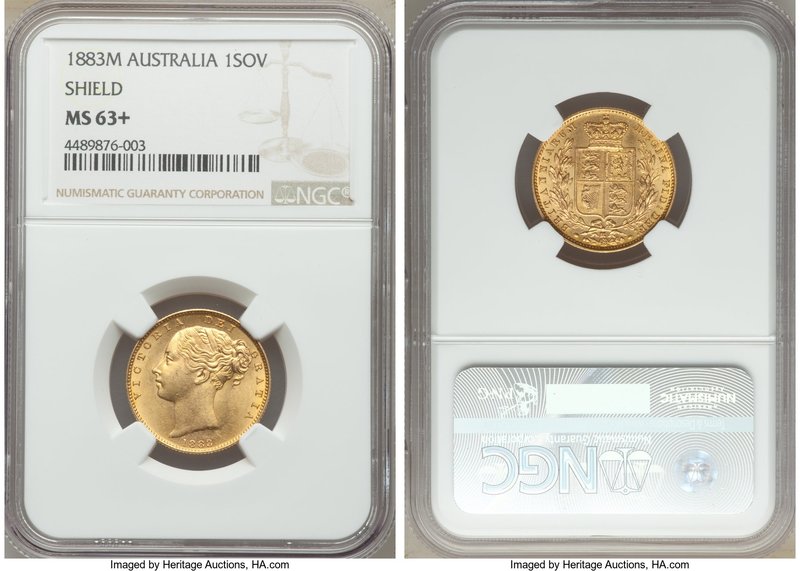 Victoria gold "Shield" Sovereign 1883-M MS63+ NGC, Melbourne mint, KM6, S-3854A....