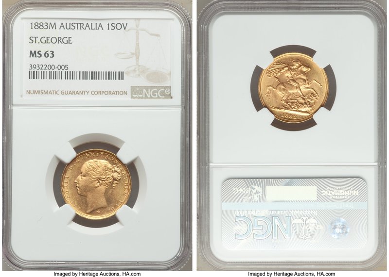 Victoria gold "St. George" Sovereign 1883-M MS63 NGC, Melbourne mint, KM7. Scarc...