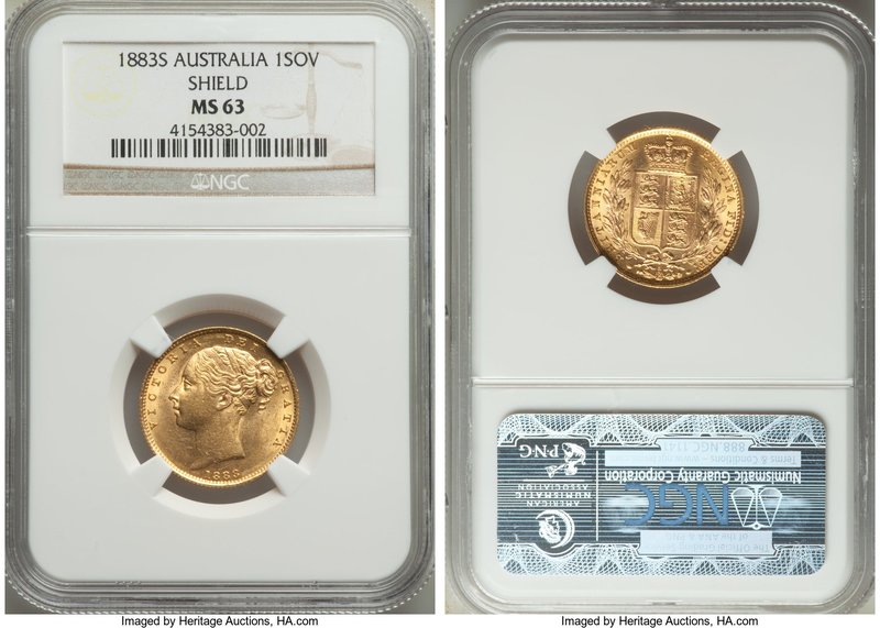 Victoria gold "Shield" Sovereign 1883-S MS63 NGC, Sydney mint, KM6. Besides a li...