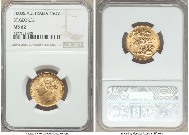 Victoria gold "St. George" Sovereign 1883-S MS62 NGC, Sydney mint, KM7. A very s...