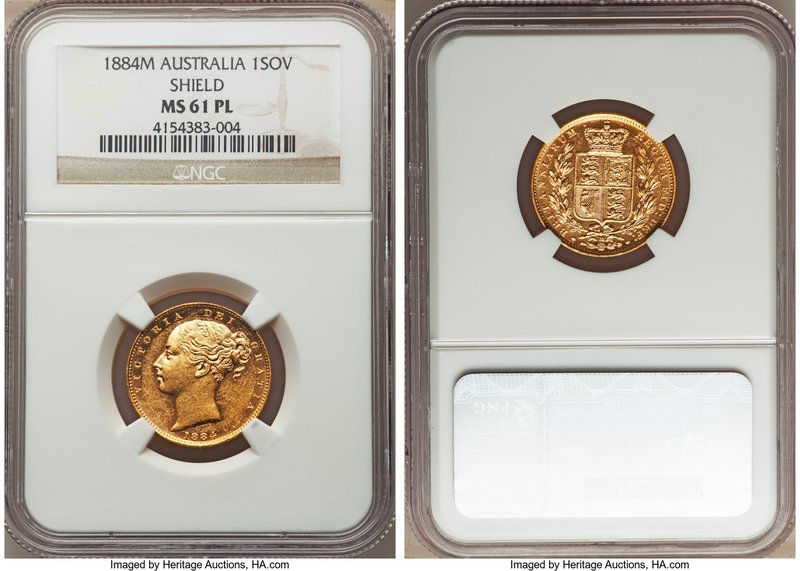 Victoria gold "Shield" Sovereign 1884-M MS61 Prooflike NGC, Melbourne mint, KM6,...