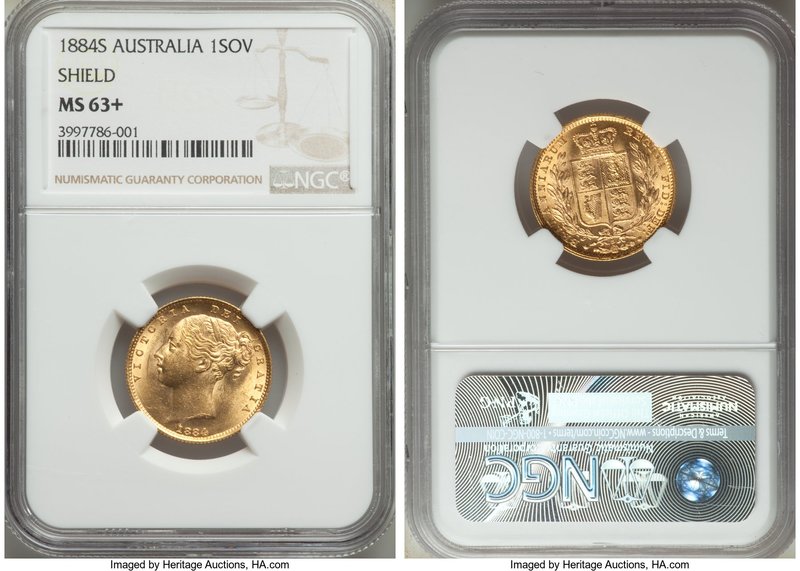 Victoria gold "Shield" Sovereign 1884-S MS63+ NGC, Sydney mint, KM6. Minor conta...