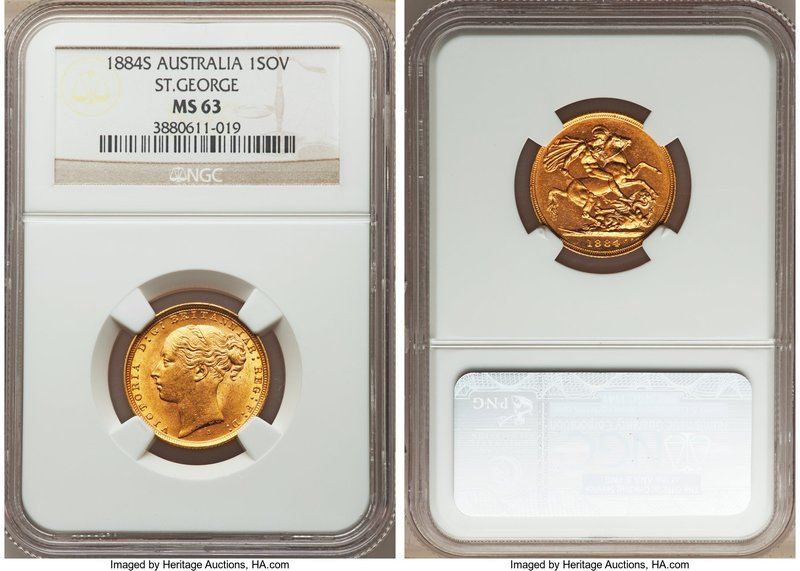 Victoria gold "St. George" Sovereign 1884-S MS63 NGC, Sydney mint, KM7. A firmly...