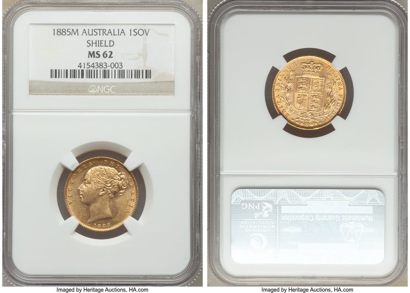 Victoria gold "Shield" Sovereign 1885-M MS62 NGC, Melbourne mint, KM6, S-3854A. ...