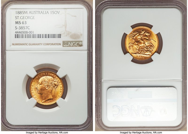 Victoria gold "St. George" Sovereign 1885-M MS63 NGC, Melbourne mint, KM7, S-385...