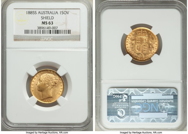 Victoria gold "Shield" Sovereign 1885-S MS63 NGC, Sydney mint, KM6. Curiously ma...