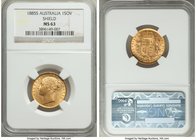 Victoria gold "Shield" Sovereign 1885-S MS63 NGC, Sydney mint, KM6. Curiously matte in appearance, its color a rich mustard yellow. Preserved to an ex...