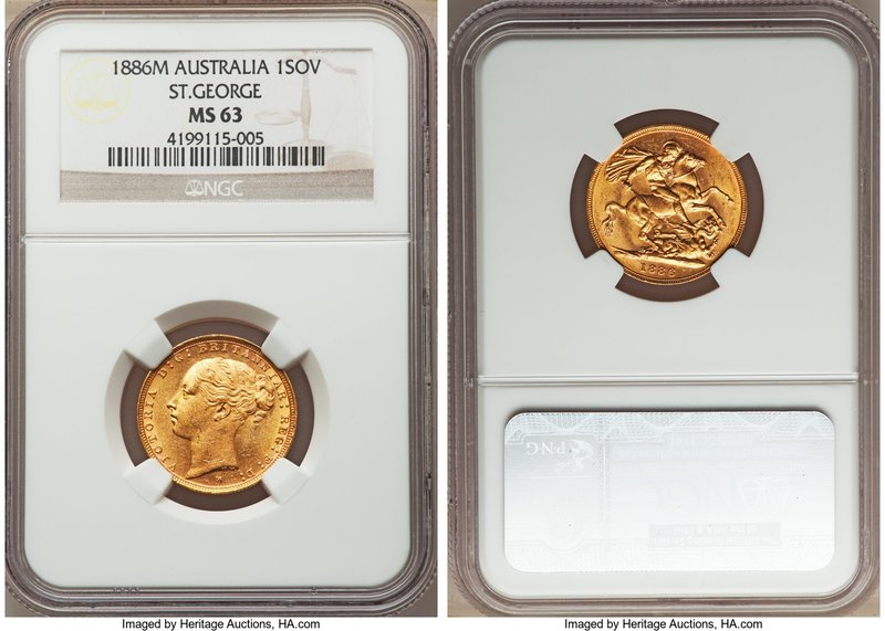 Victoria gold "St. George" Sovereign 1886-M MS63 NGC, Melbourne mint, KM7. An in...