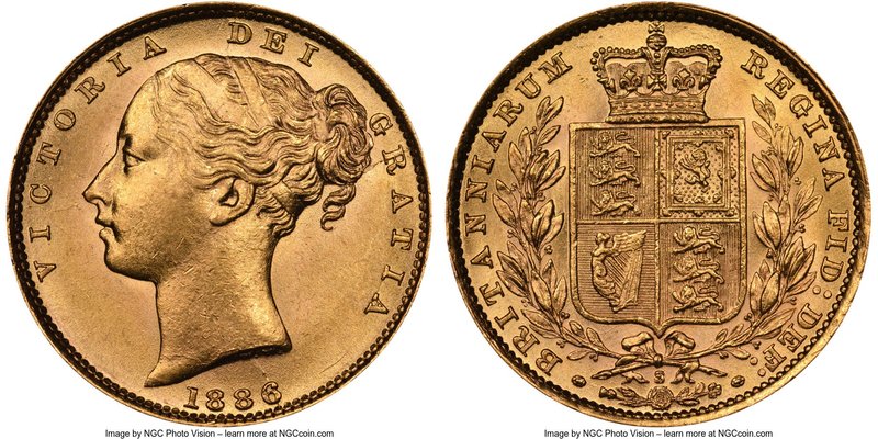 Victoria gold "Shield" Sovereign 1886-S MS63+ NGC, Sydney mint, KM6. Beyond choi...