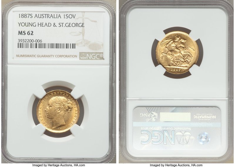 Victoria gold "St. George" Sovereign 1887-S MS62 NGC, Sydney mint, KM7. Borderin...